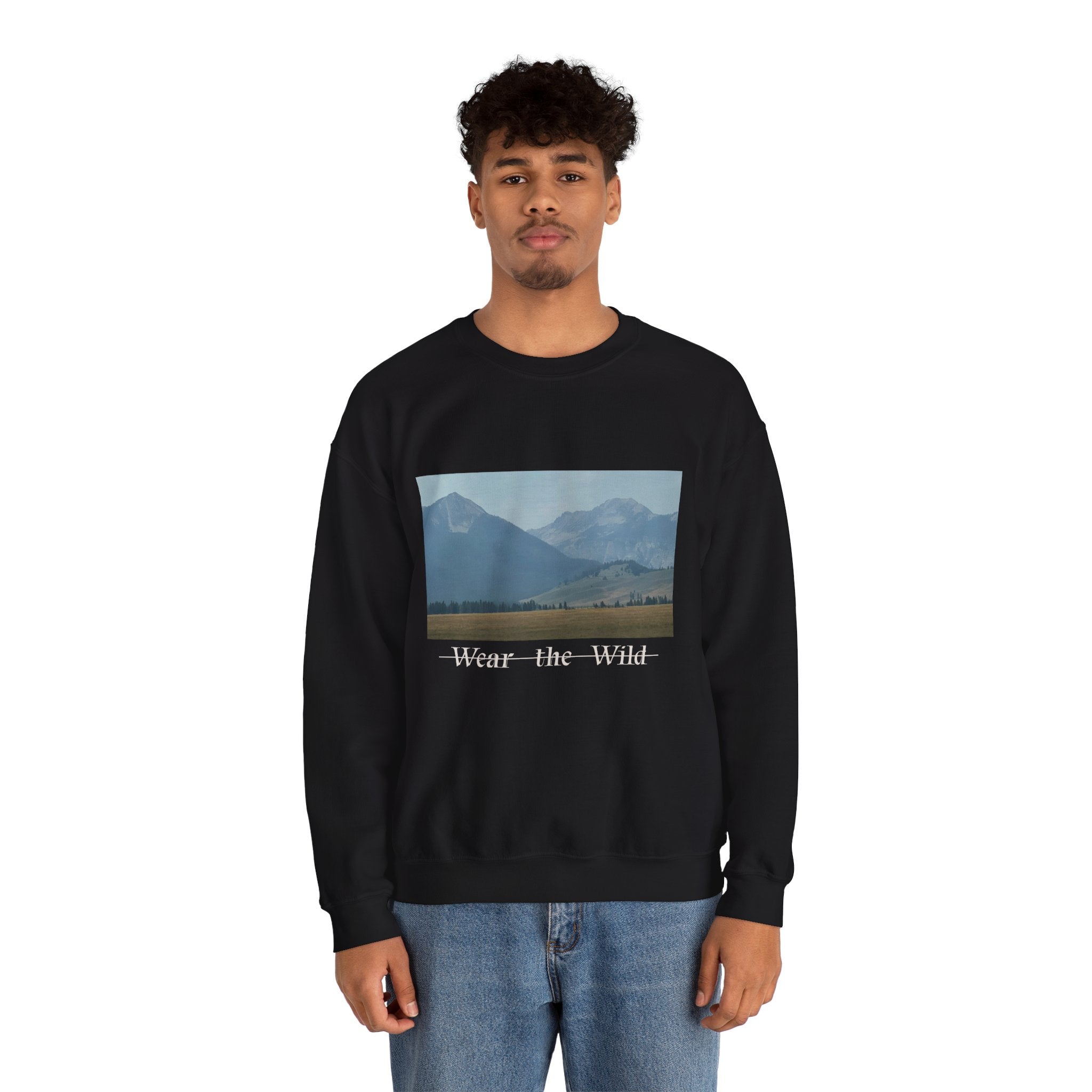 Crewneck Sweatshirt — 'Wear the Wild' Mountain Landscape Cozy Outdoor Pullover