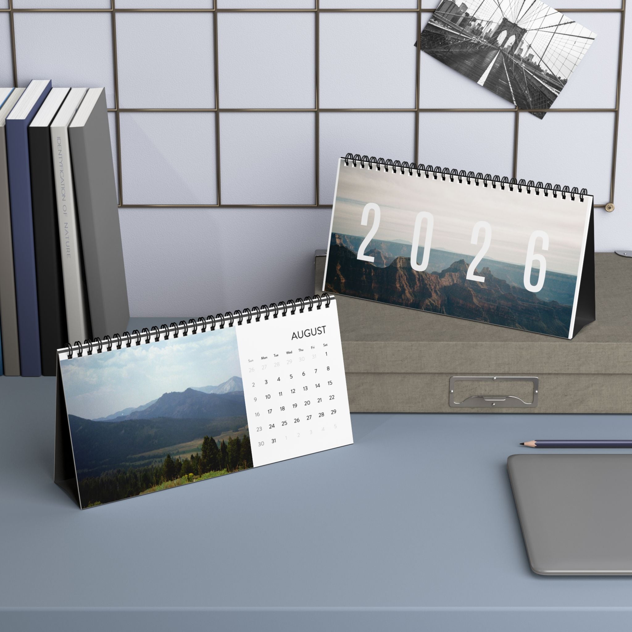 2026 Scenic Desktop Calendar — Mountain & Forest Grid Planner