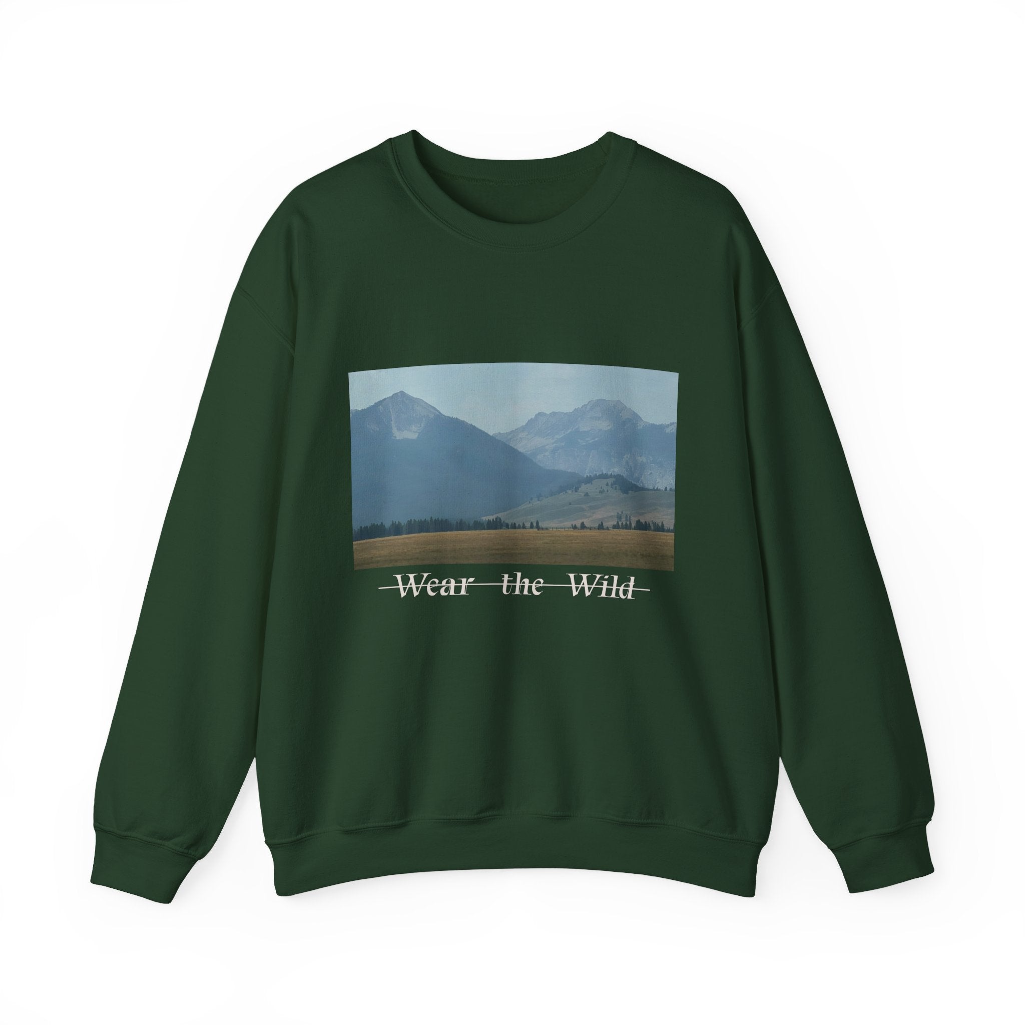 Crewneck Sweatshirt — 'Wear the Wild' Mountain Landscape Cozy Outdoor Pullover