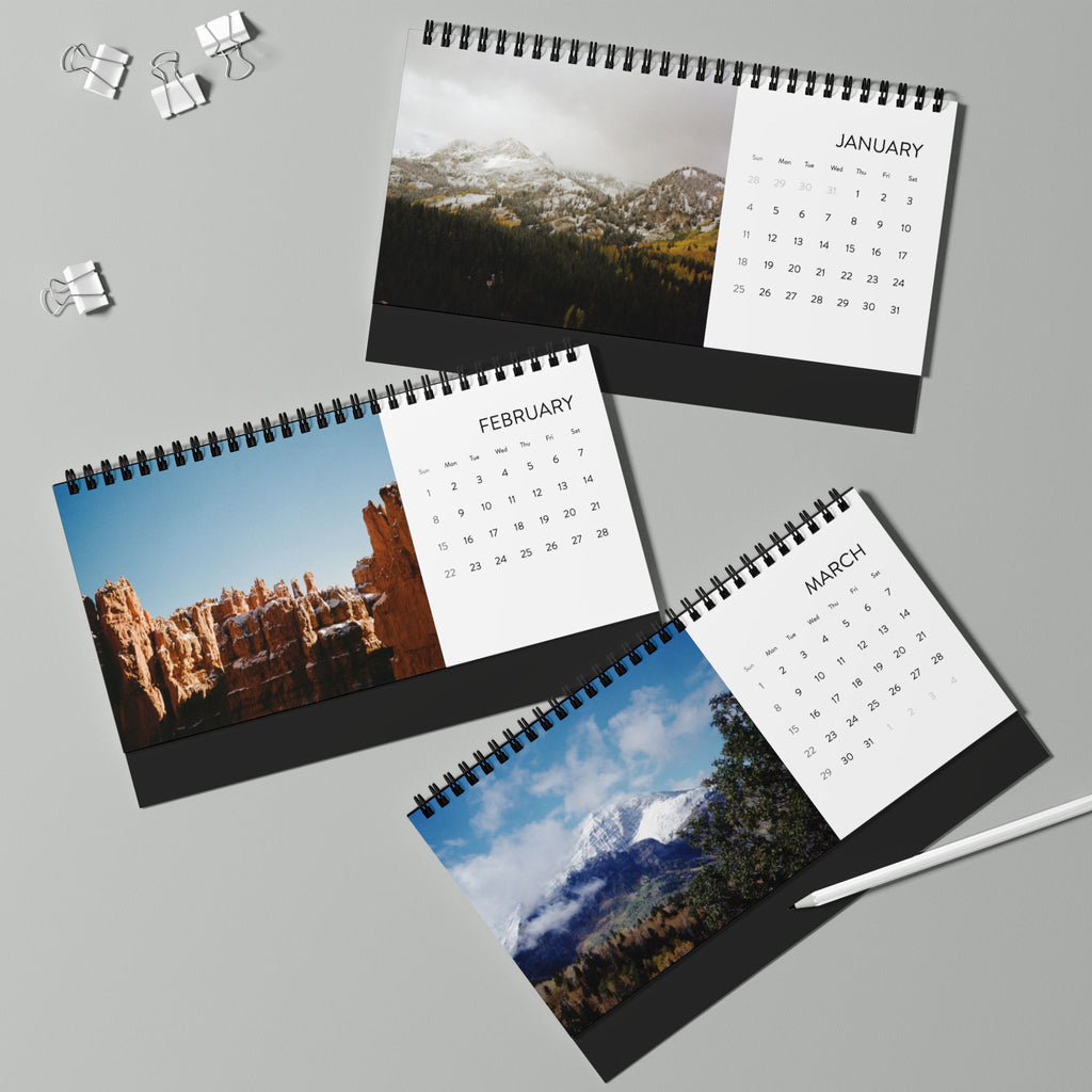 2026 Scenic Desktop Calendar — Mountain & Forest Grid Planner