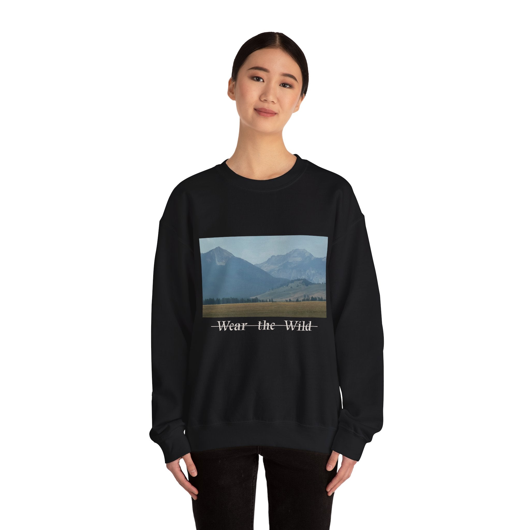 Crewneck Sweatshirt — 'Wear the Wild' Mountain Landscape Cozy Outdoor Pullover