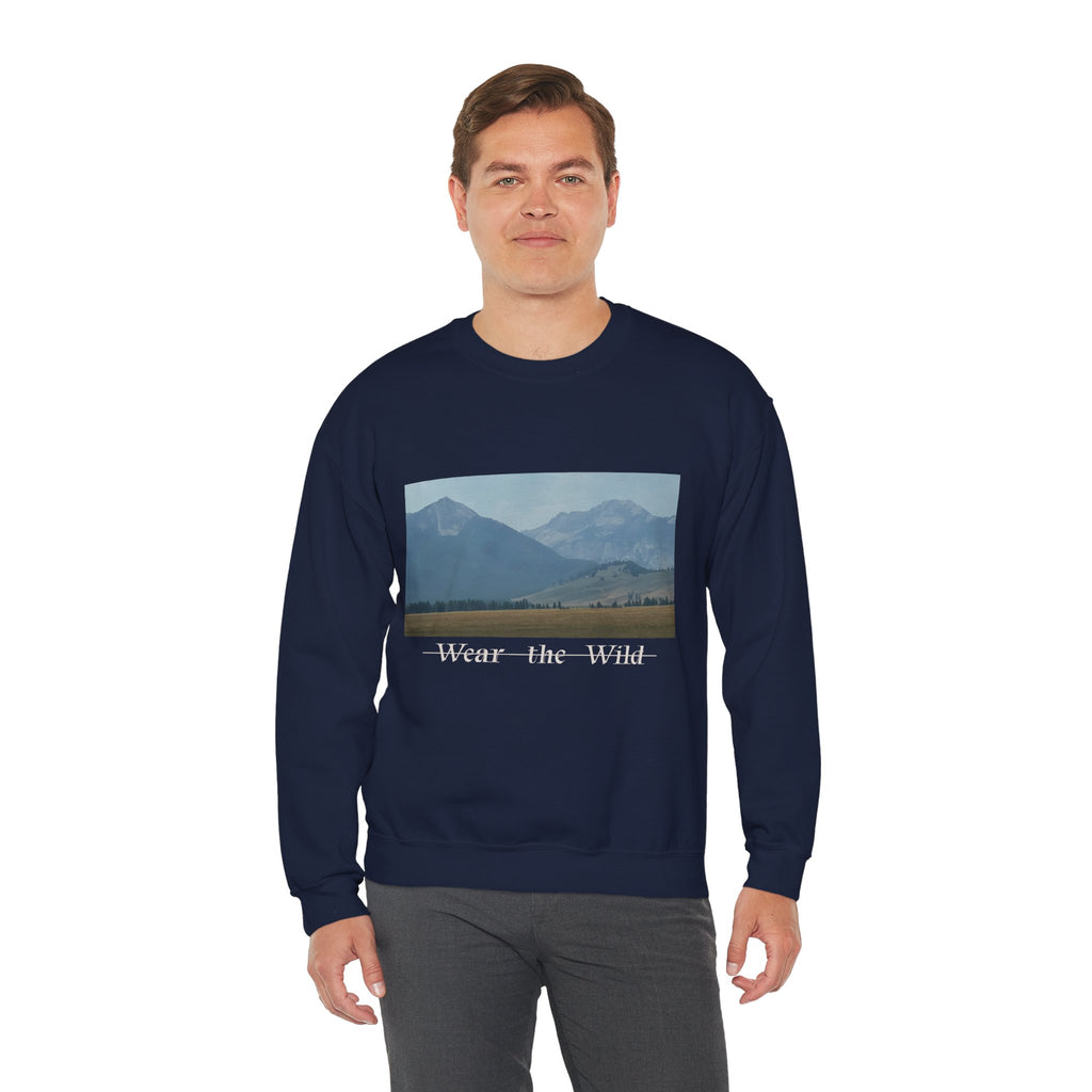 Crewneck Sweatshirt — 'Wear the Wild' Mountain Landscape Cozy Outdoor Pullover