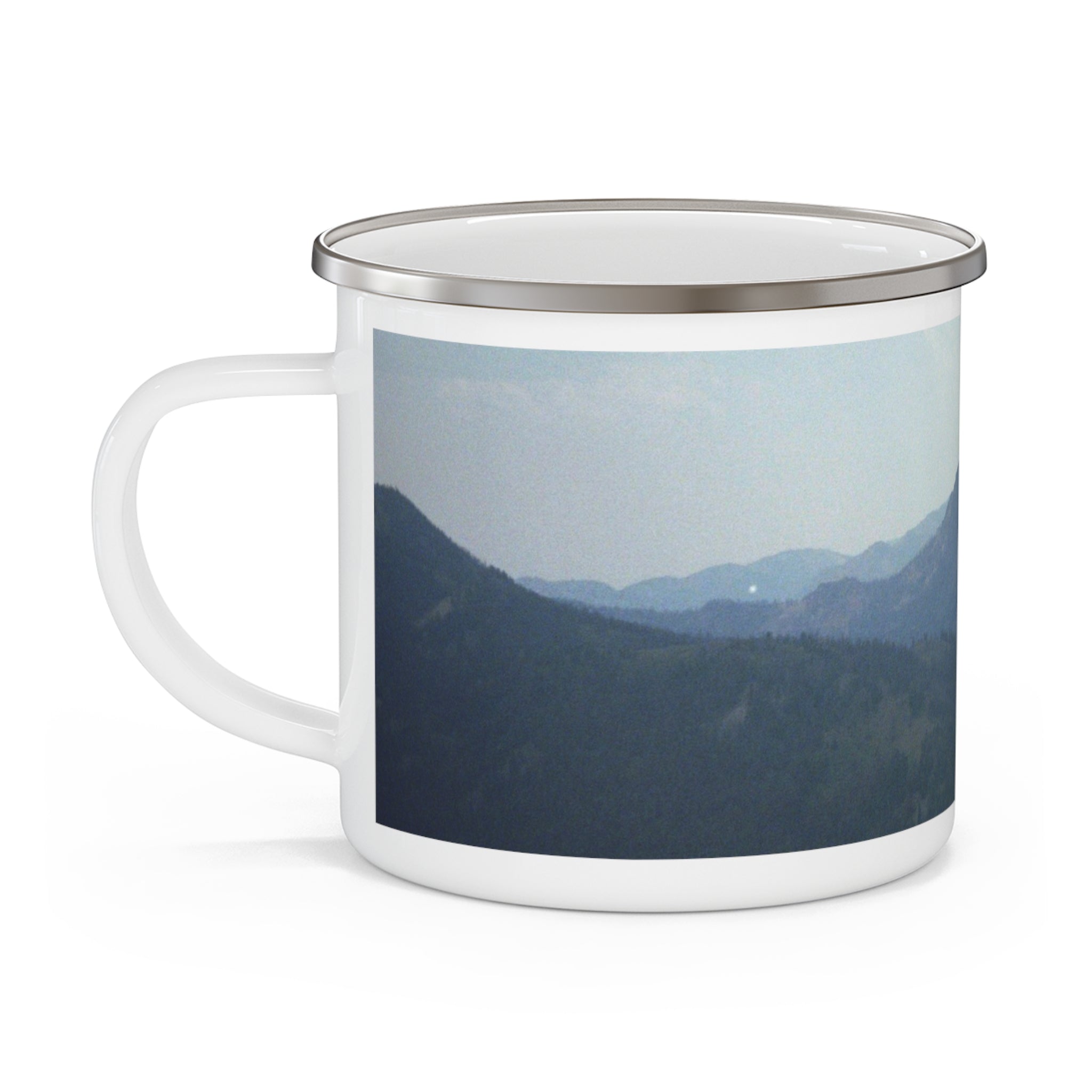 Enamel Camping Mug — Misty Mountain Panorama Coffee Cup