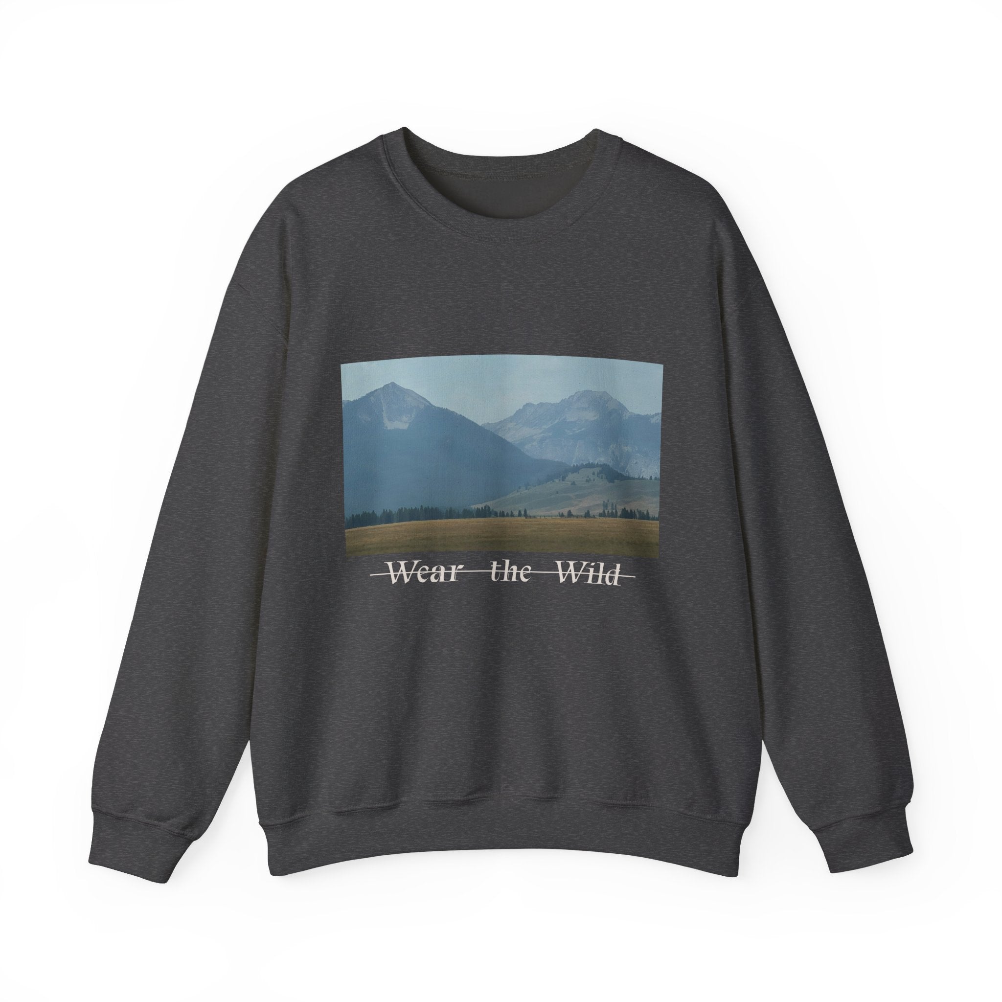 Crewneck Sweatshirt — 'Wear the Wild' Mountain Landscape Cozy Outdoor Pullover