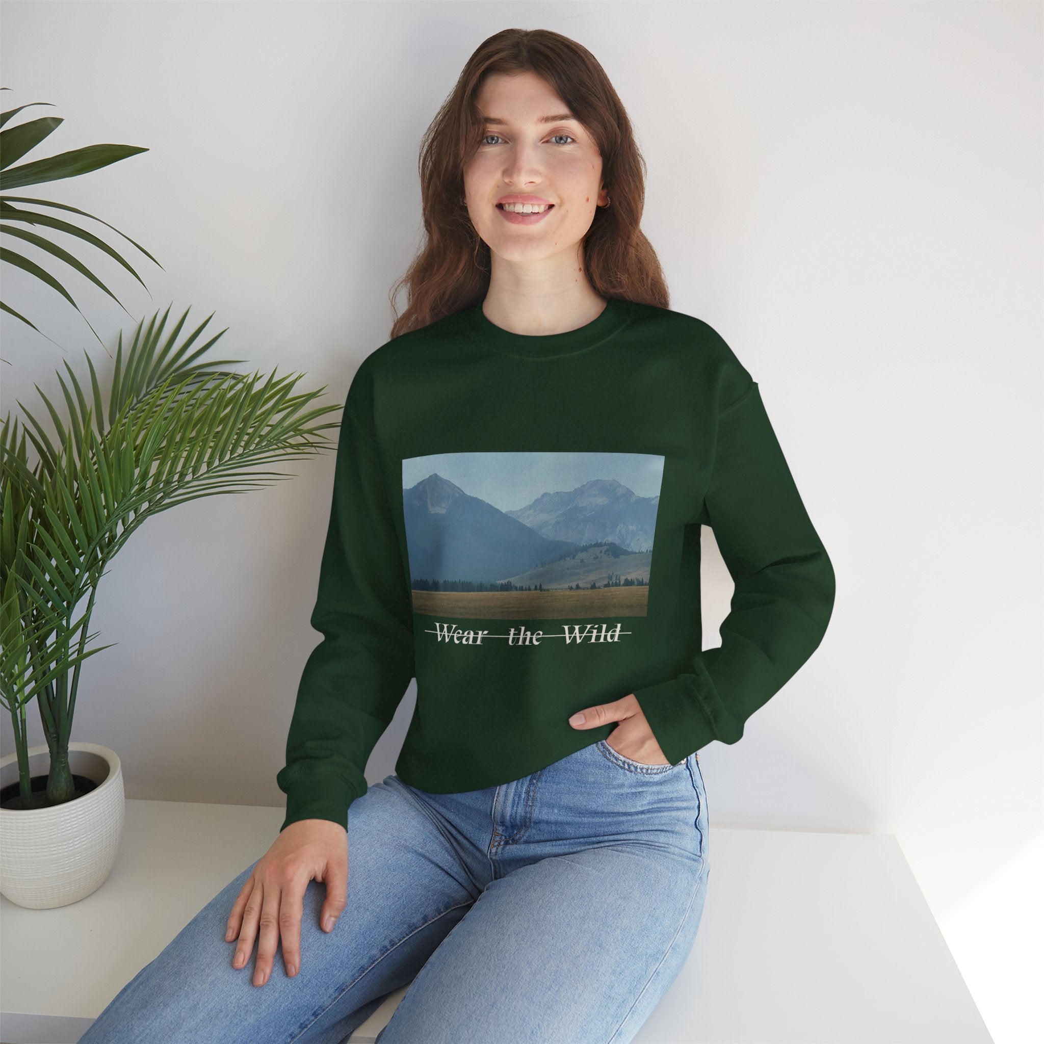 Crewneck Sweatshirt — 'Wear the Wild' Mountain Landscape Cozy Outdoor Pullover