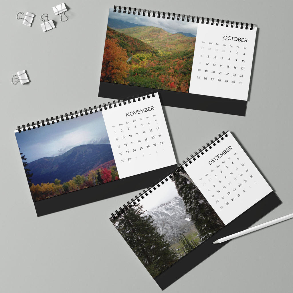 2026 Scenic Desktop Calendar — Mountain & Forest Grid Planner