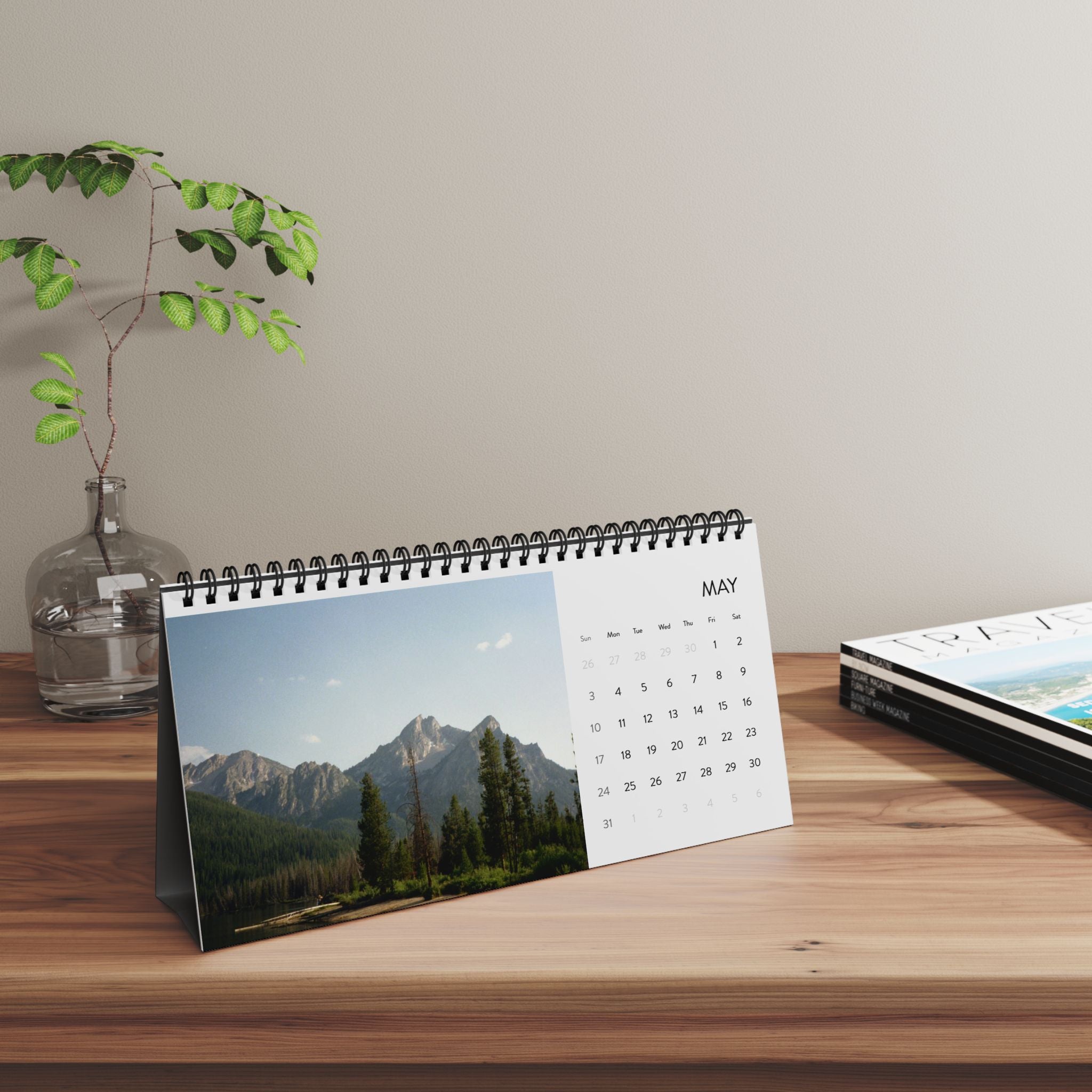 2026 Scenic Desktop Calendar — Mountain & Forest Grid Planner
