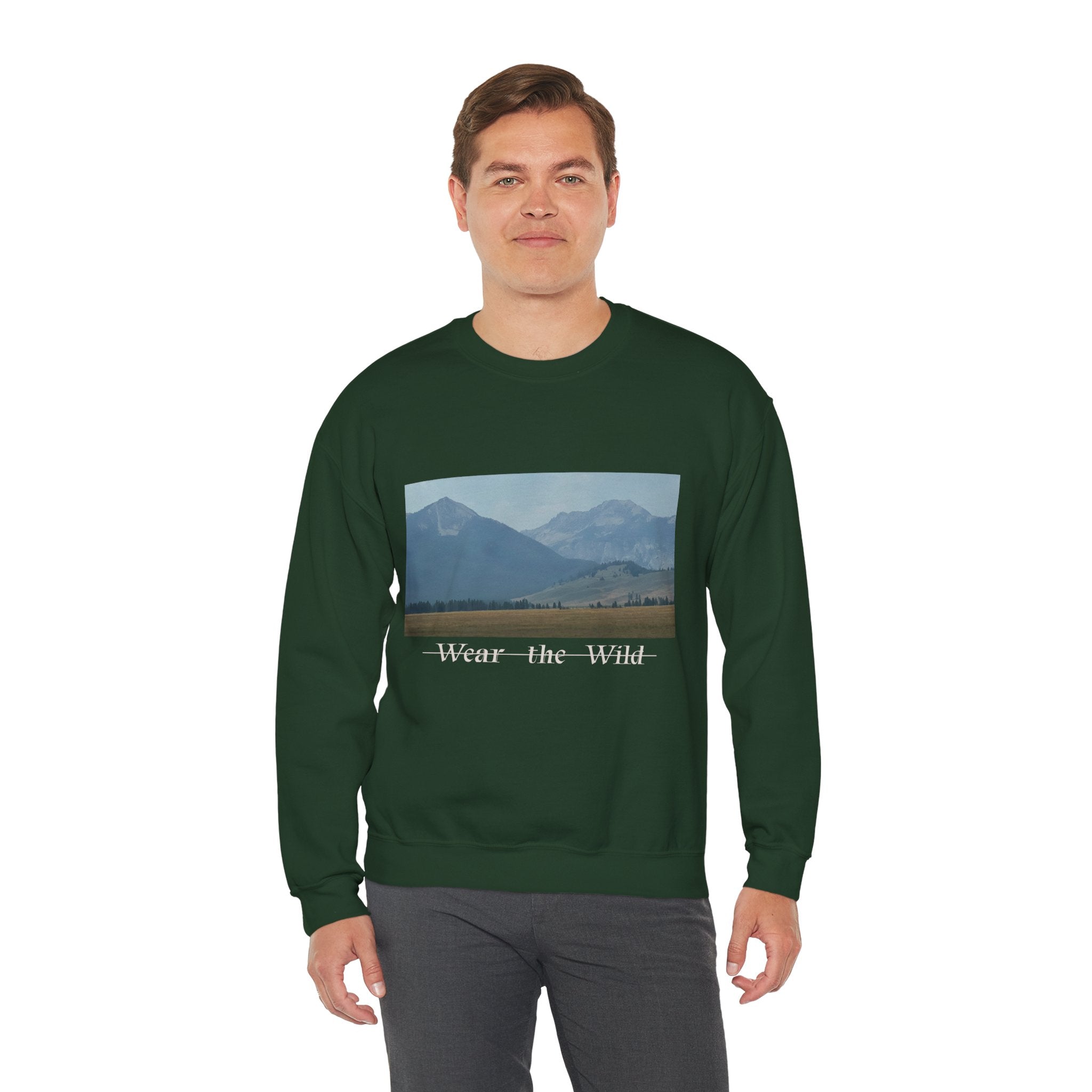 Crewneck Sweatshirt — 'Wear the Wild' Mountain Landscape Cozy Outdoor Pullover