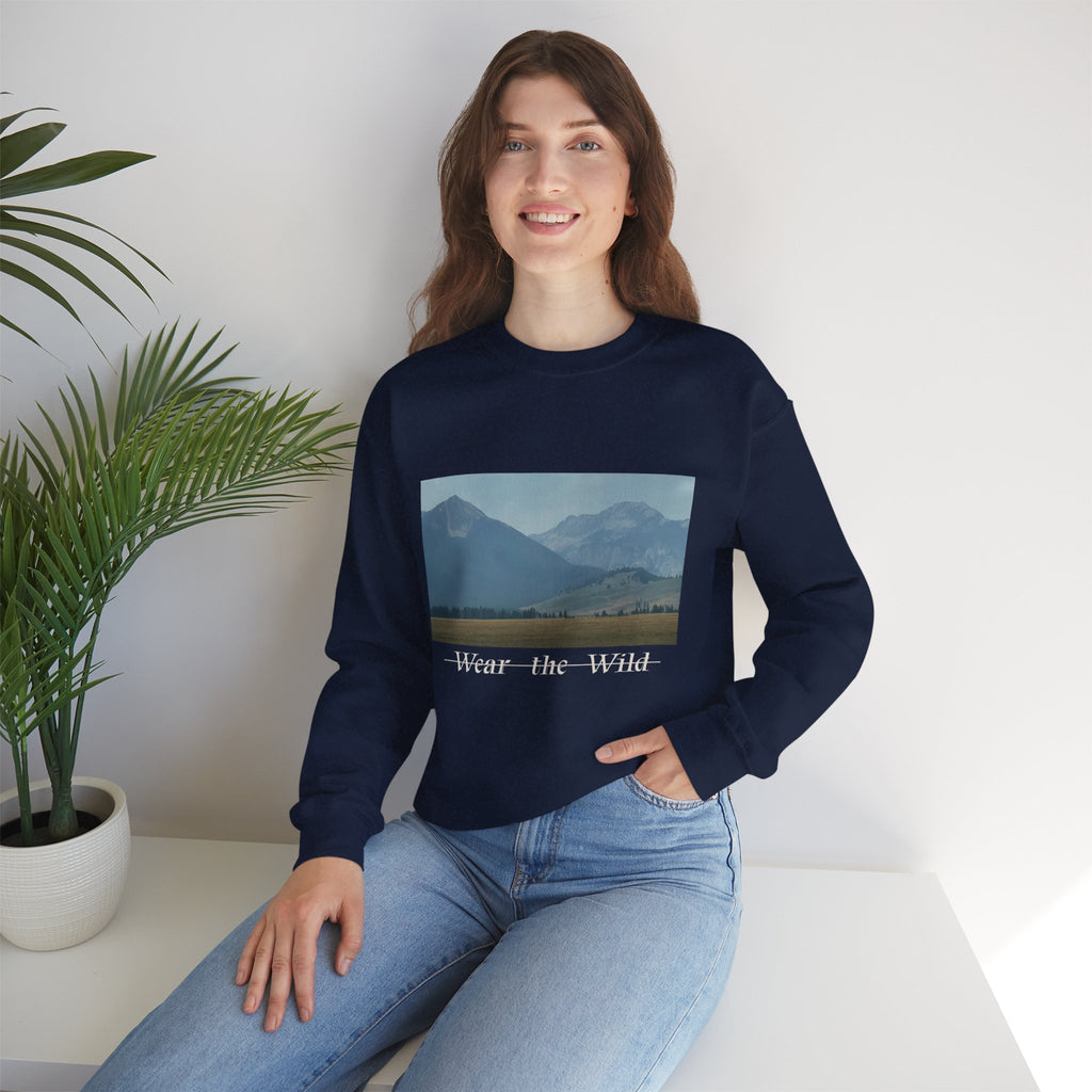 Crewneck Sweatshirt — 'Wear the Wild' Mountain Landscape Cozy Outdoor Pullover