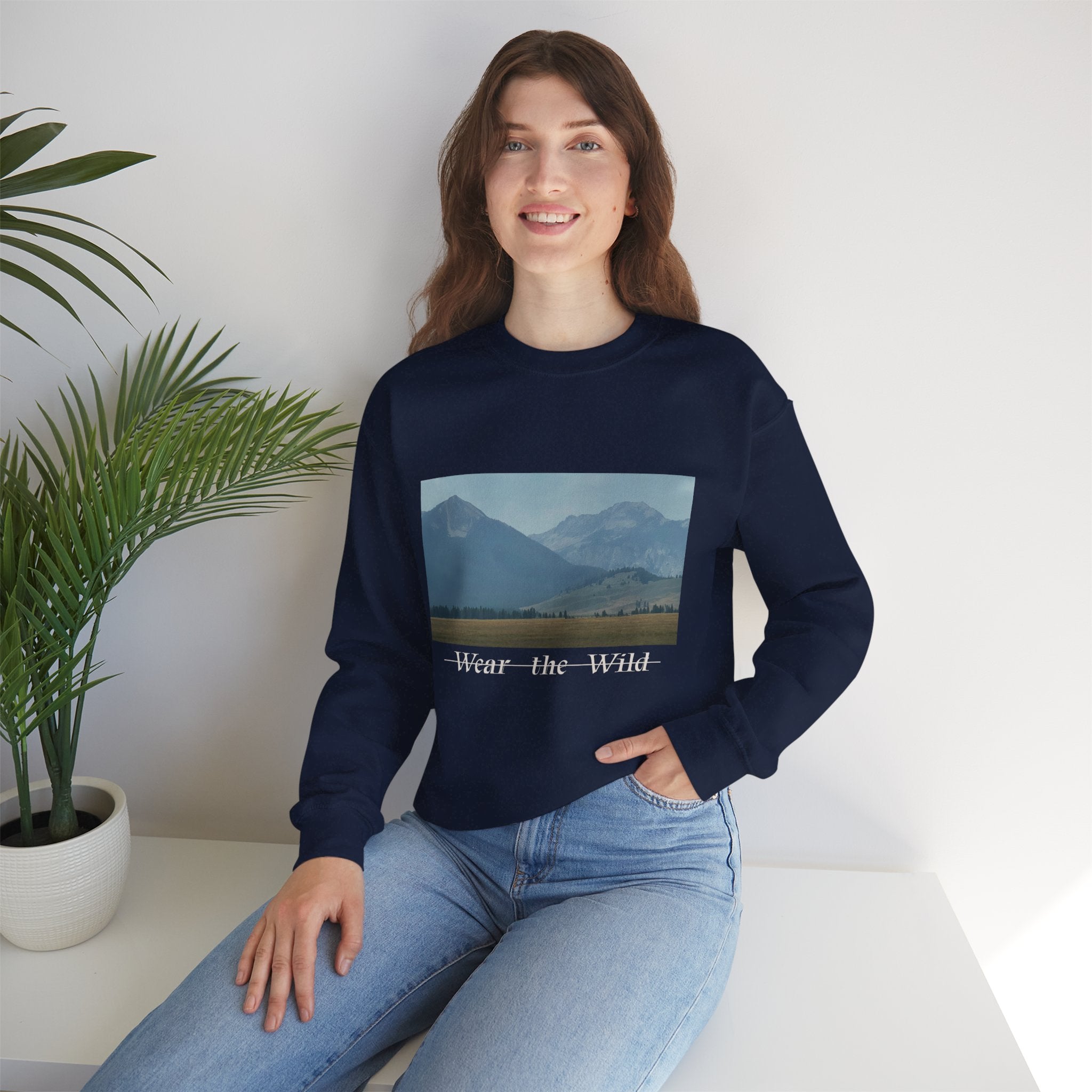 Crewneck Sweatshirt — 'Wear the Wild' Mountain Landscape Cozy Outdoor Pullover