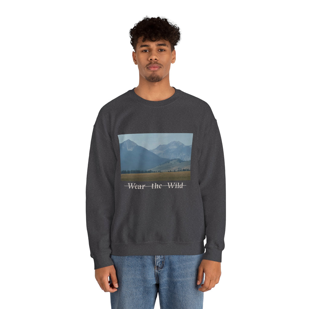 Crewneck Sweatshirt — 'Wear the Wild' Mountain Landscape Cozy Outdoor Pullover